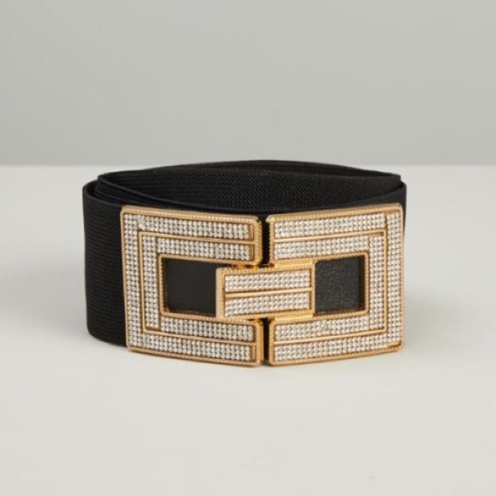 Black Elastic Belt with Gold and Crystal Geometric Buckle